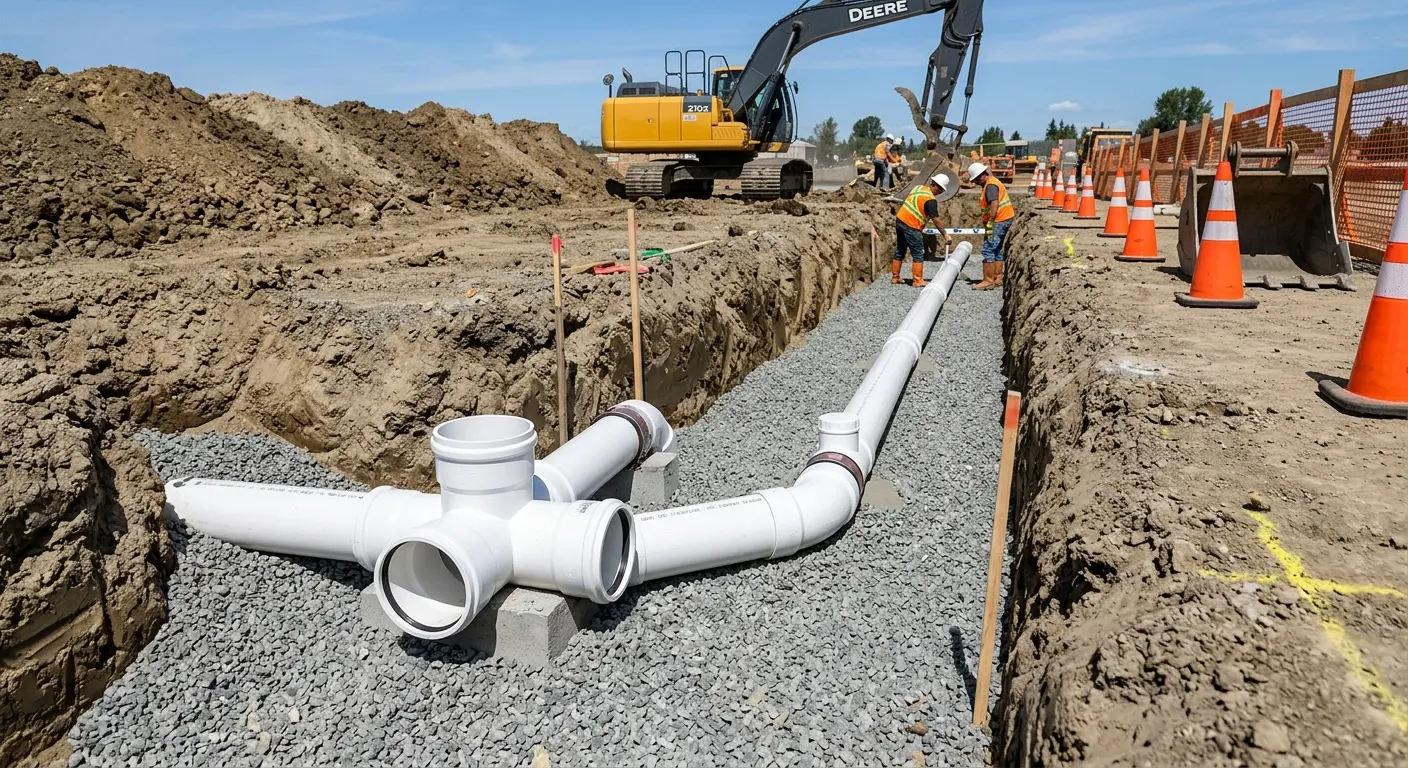 New PVC sewer pipe installation in open trench for Sewer Backup in Walton