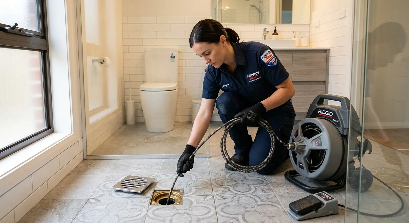 Technician clearing a bathroom floor drain for Drain Cleaning in Walton